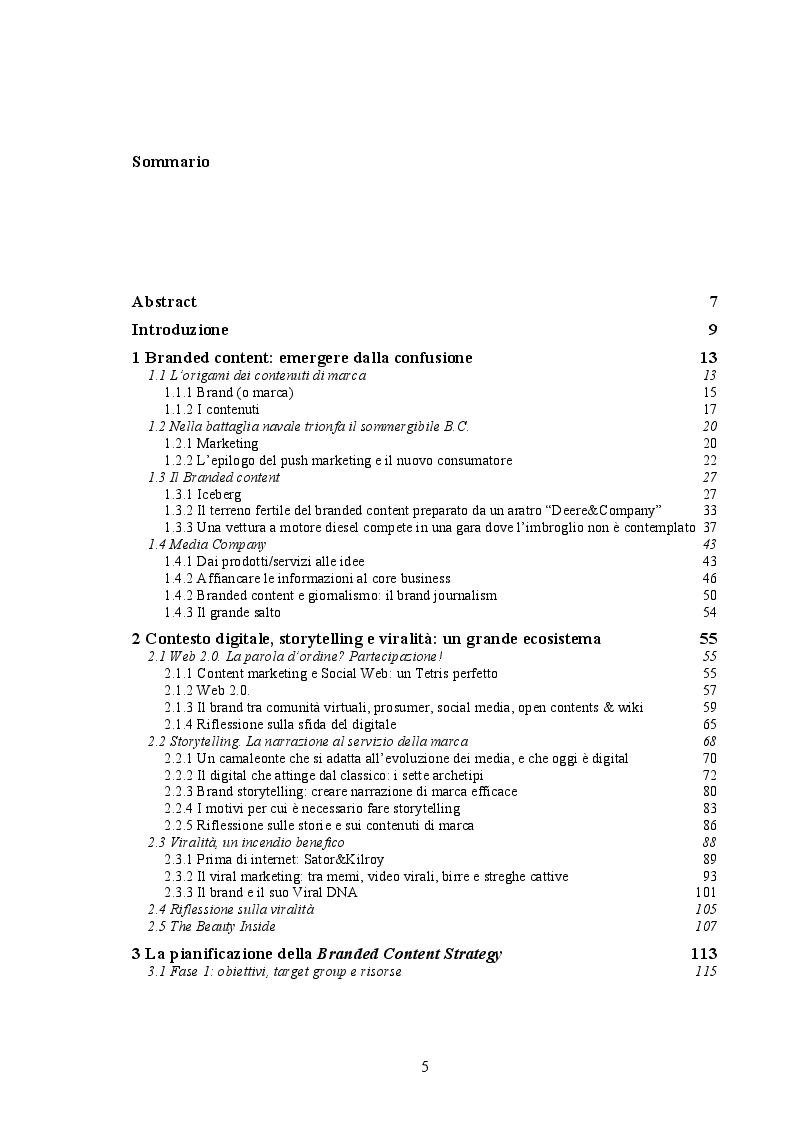 Indice della tesi: Branded Content e Branded Entertainment. La marca come Media Company., Pagina 1