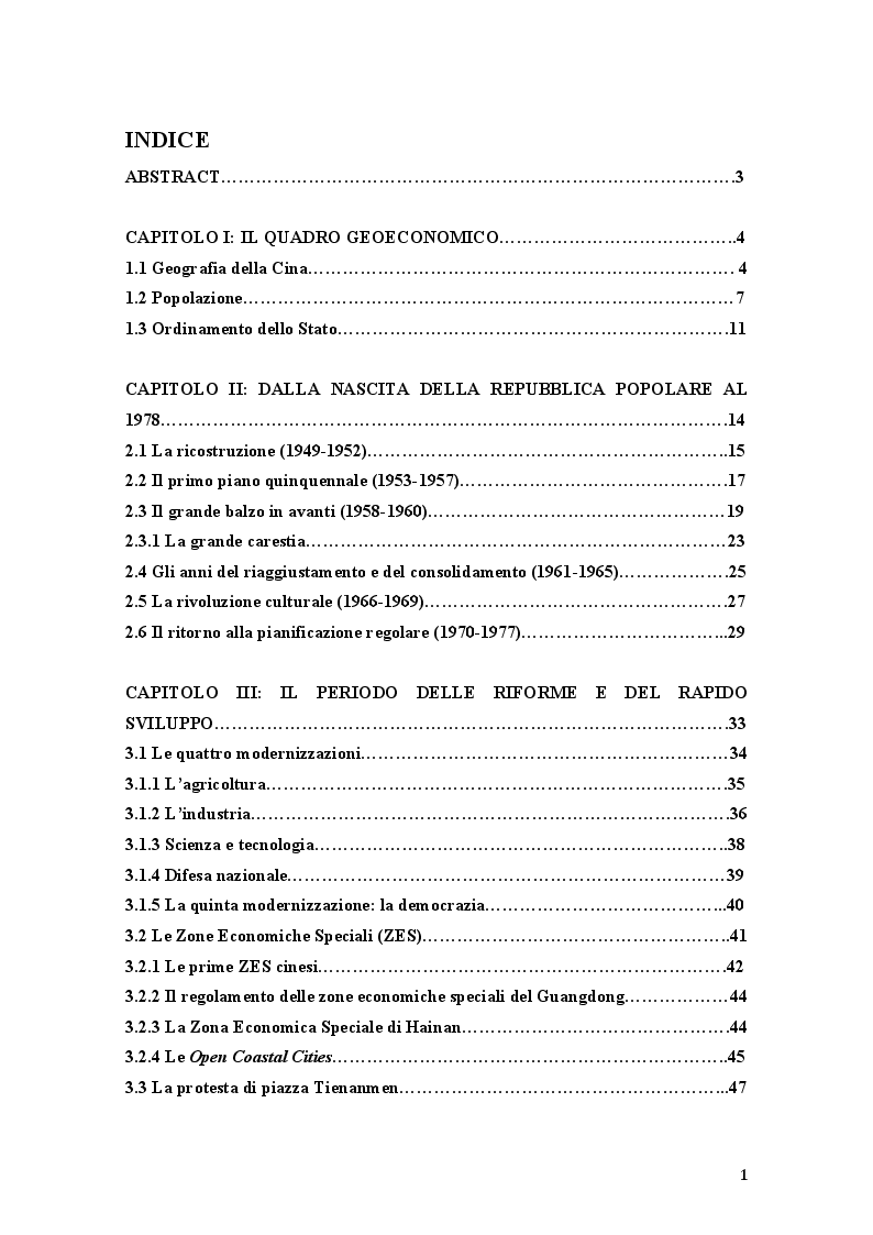 Indice della tesi: Aspetti del processo di crescita e di integrazione economica della Repubblica Popolare Cinese: gli investimenti in Italia, Pagina 1