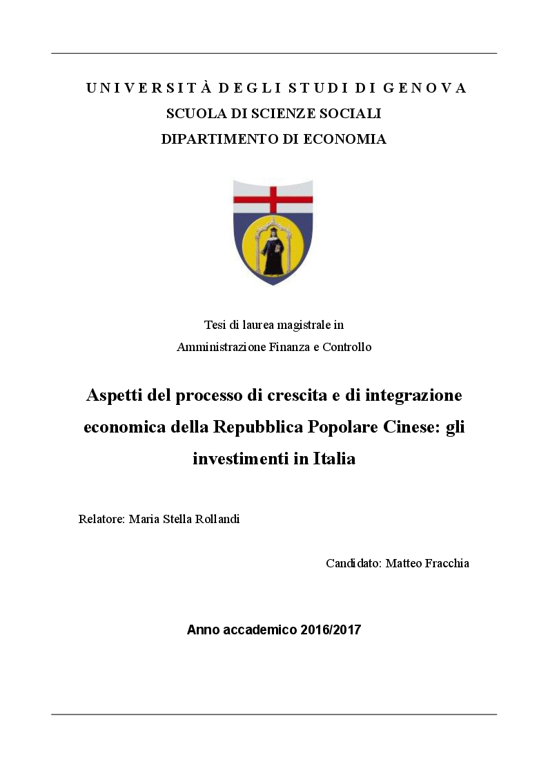 Anteprima della tesi: Aspetti del processo di crescita e di integrazione economica della Repubblica Popolare Cinese: gli investimenti in Italia, Pagina 1
