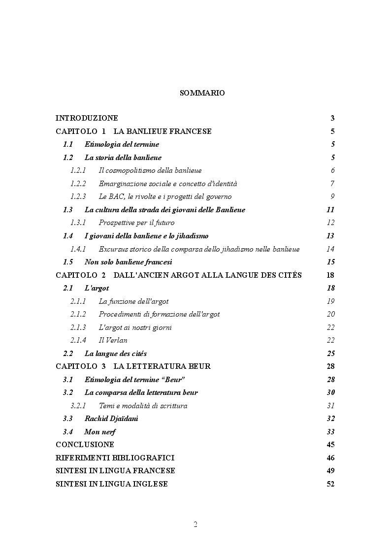 Indice della tesi: La banlieue in Francia: analisi storica e socio-linguistica, Pagina 1