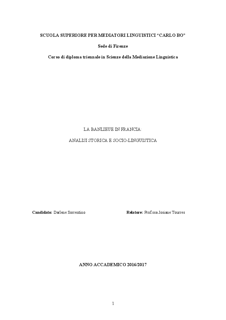 Anteprima della tesi: La banlieue in Francia: analisi storica e socio-linguistica, Pagina 1
