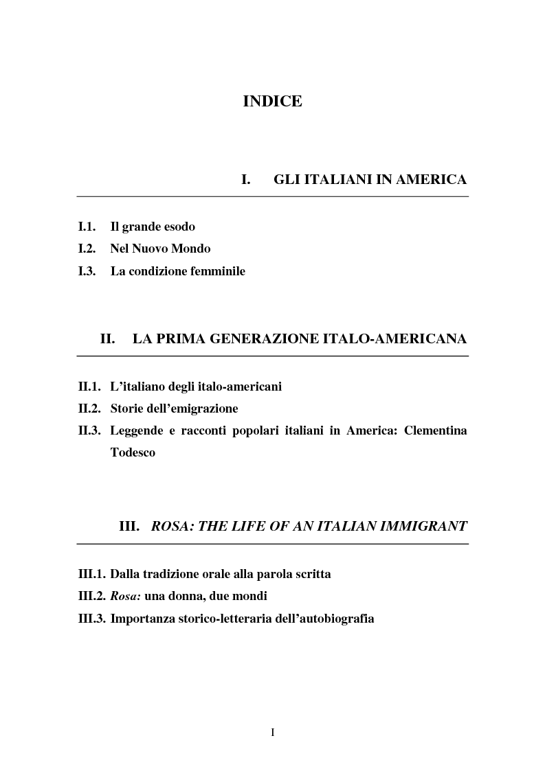Indice della tesi: Linguaggio e condizione femminile nell'America contemporanea: analisi di testi relativi all'immigrazione italiana, Pagina 1