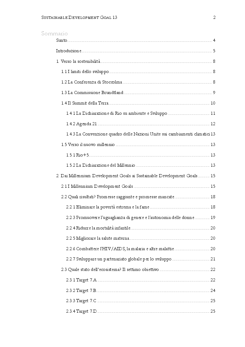 Indice della tesi: Sustainable Development Goal 13: “Promuovere azioni, a tutti i livelli, per combattere il cambiamento climatico”. Prospettive per il 2030, Pagina 1
