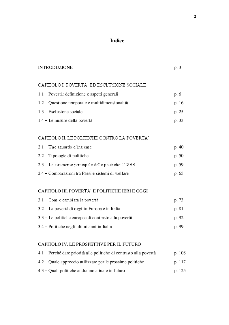 Indice della tesi: Le politiche contro la povertà in Europa. Il bilancio della crisi, Pagina 1