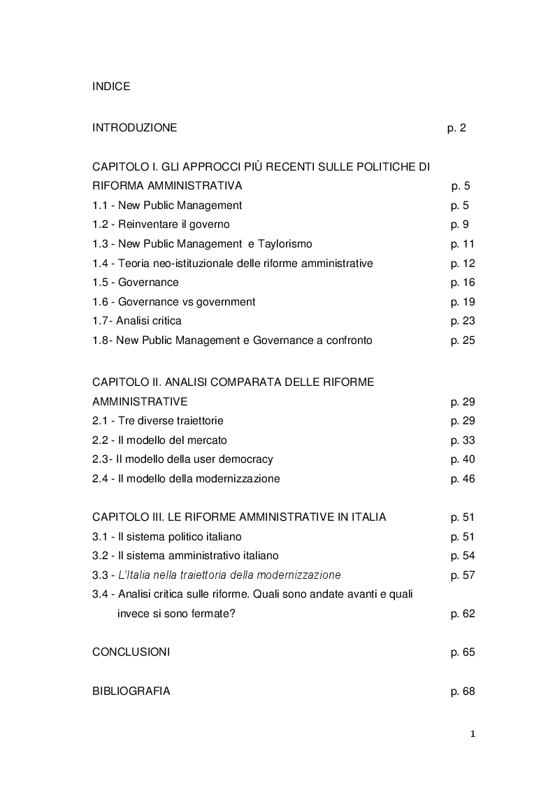 Indice della tesi: Gli approcci più recenti sulle politiche di riforma amministrativa. New Public Management e Governance, Pagina 1