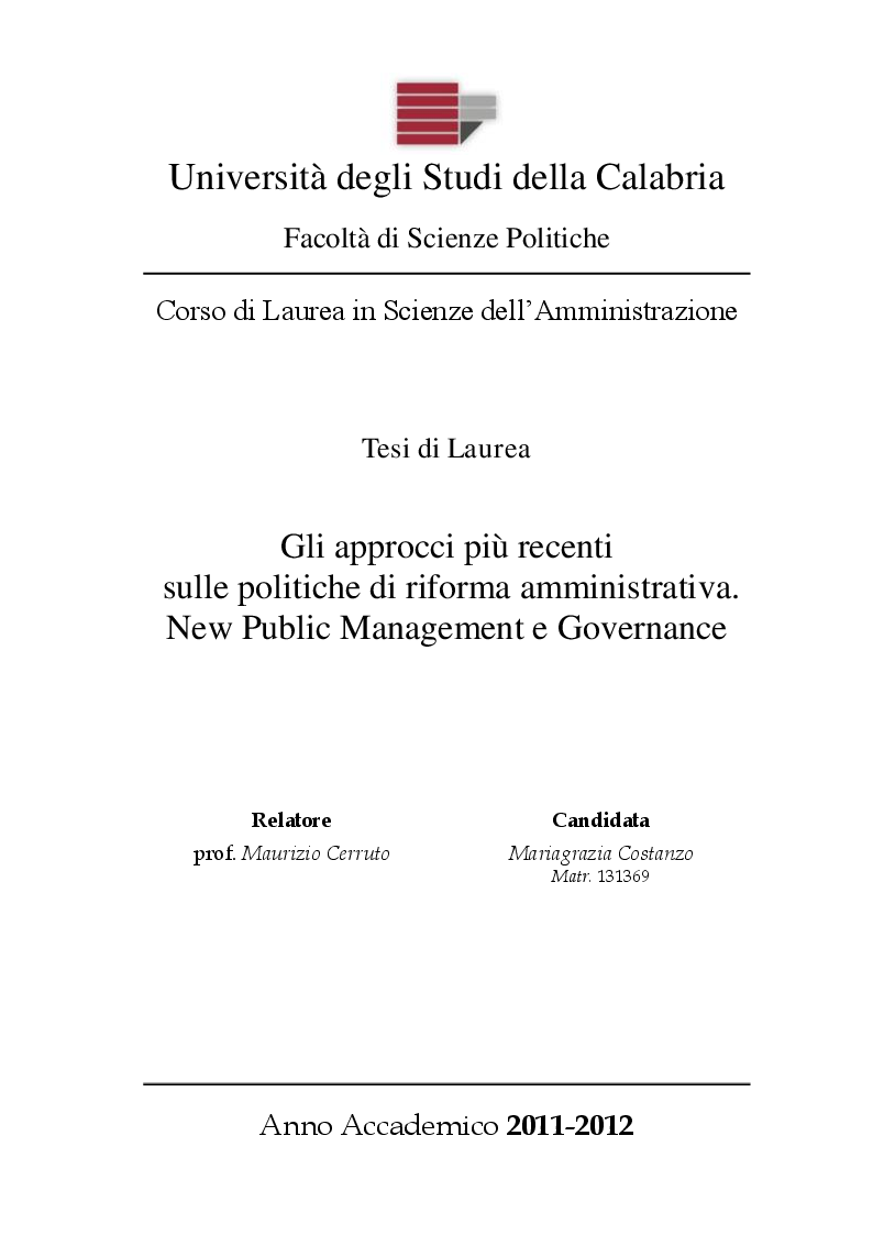 Anteprima della tesi: Gli approcci più recenti sulle politiche di riforma amministrativa. New Public Management e Governance, Pagina 1