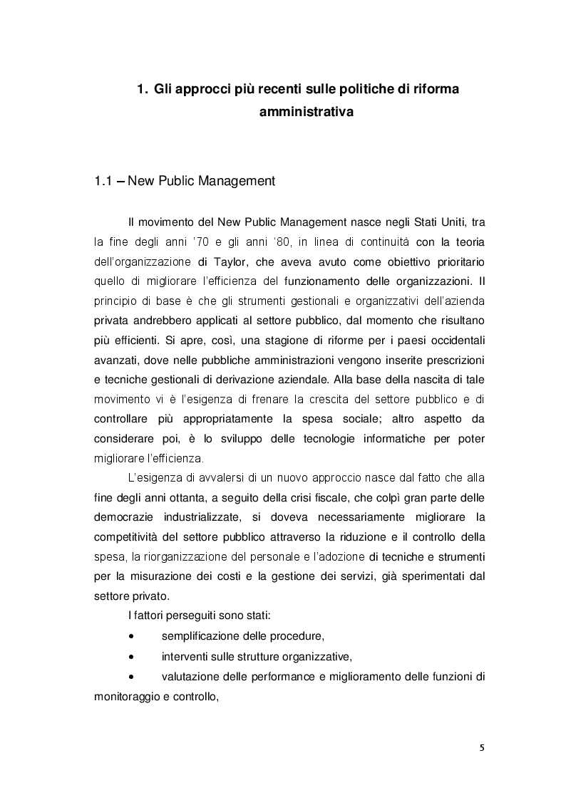 Anteprima della tesi: Gli approcci più recenti sulle politiche di riforma amministrativa. New Public Management e Governance, Pagina 5