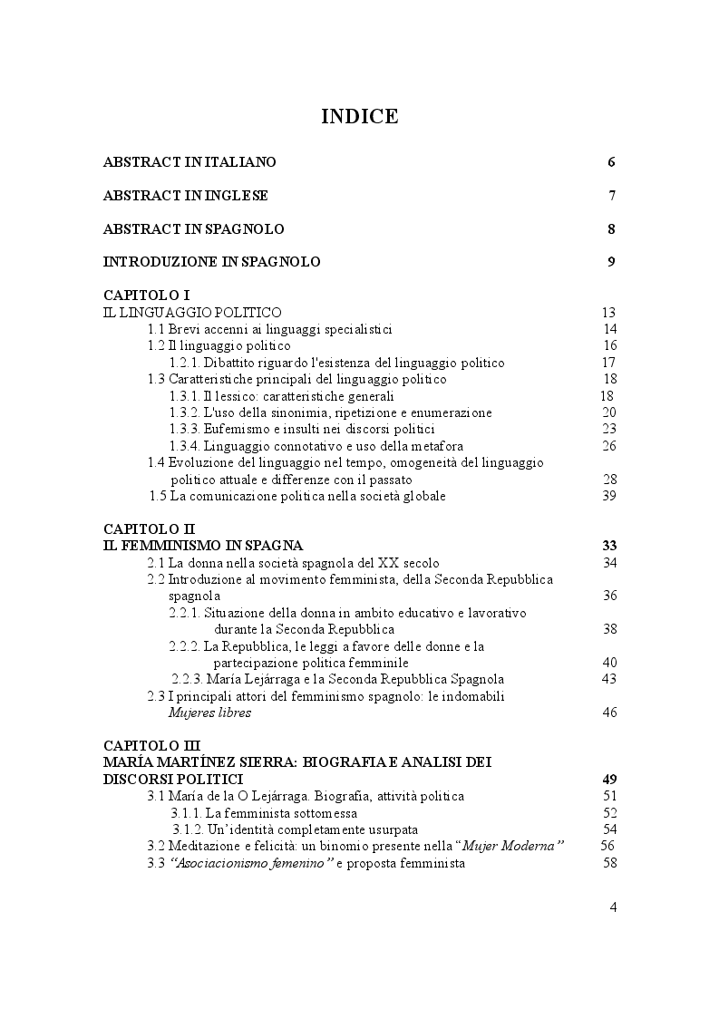 Indice della tesi: Discursos Politicos di Marìa Lejarraga e Ada Colau. Analisi comprarativa, Pagina 1