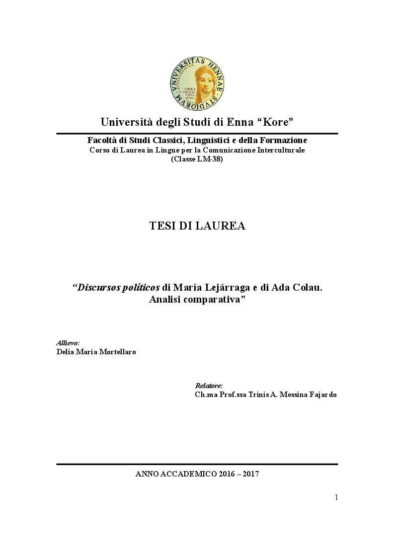 Anteprima della tesi: Discursos Politicos di Marìa Lejarraga e Ada Colau. Analisi comprarativa, Pagina 1