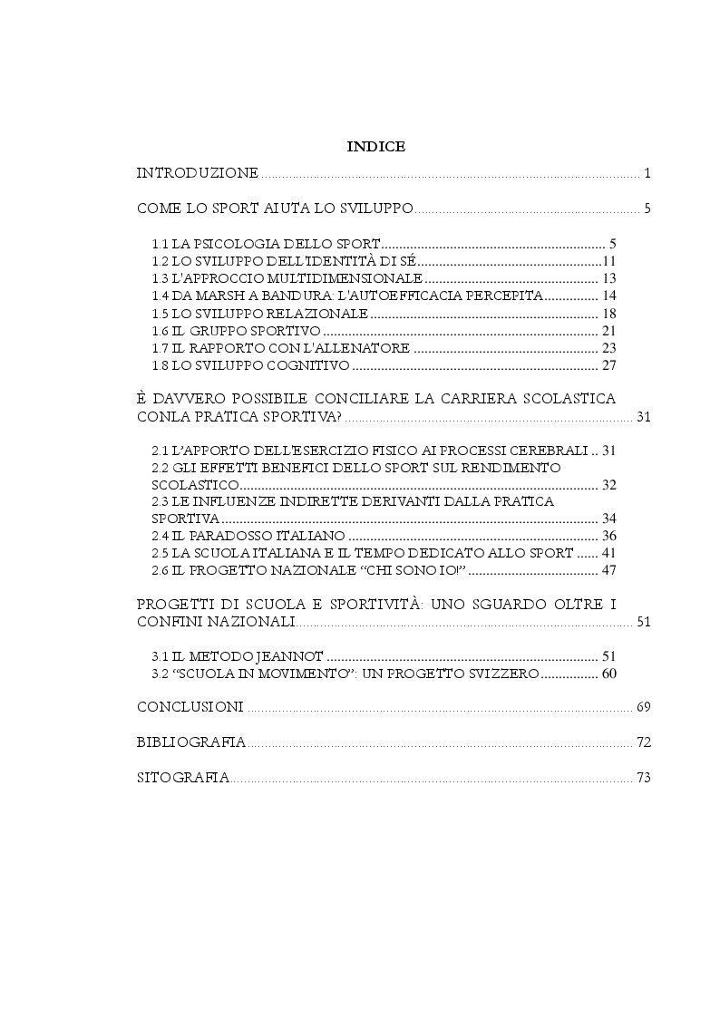Indice della tesi: Relazione tra pratica sportiva e carriera scolastica, Pagina 1