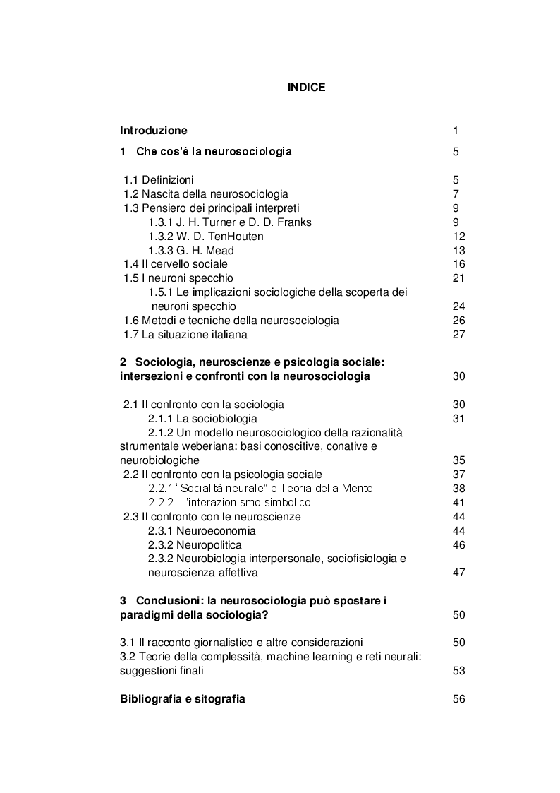 Indice della tesi: Neurosociologia. Un nuovo approccio allo studio della società a confronto con i paradigmi sociologici, Pagina 1