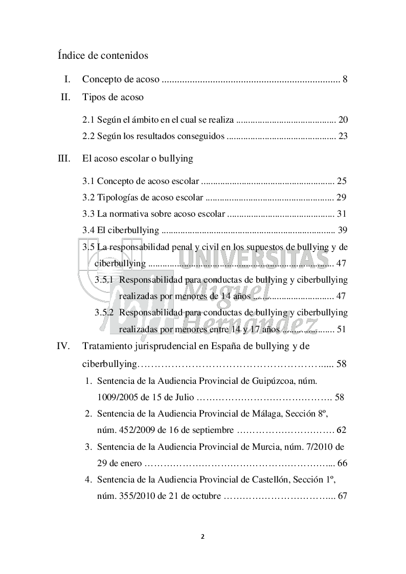 Indice della tesi: Una aproximación al análisis y al estudio del acoso escolar (Approccio all'analisi e allo studio del bullismo), Pagina 1