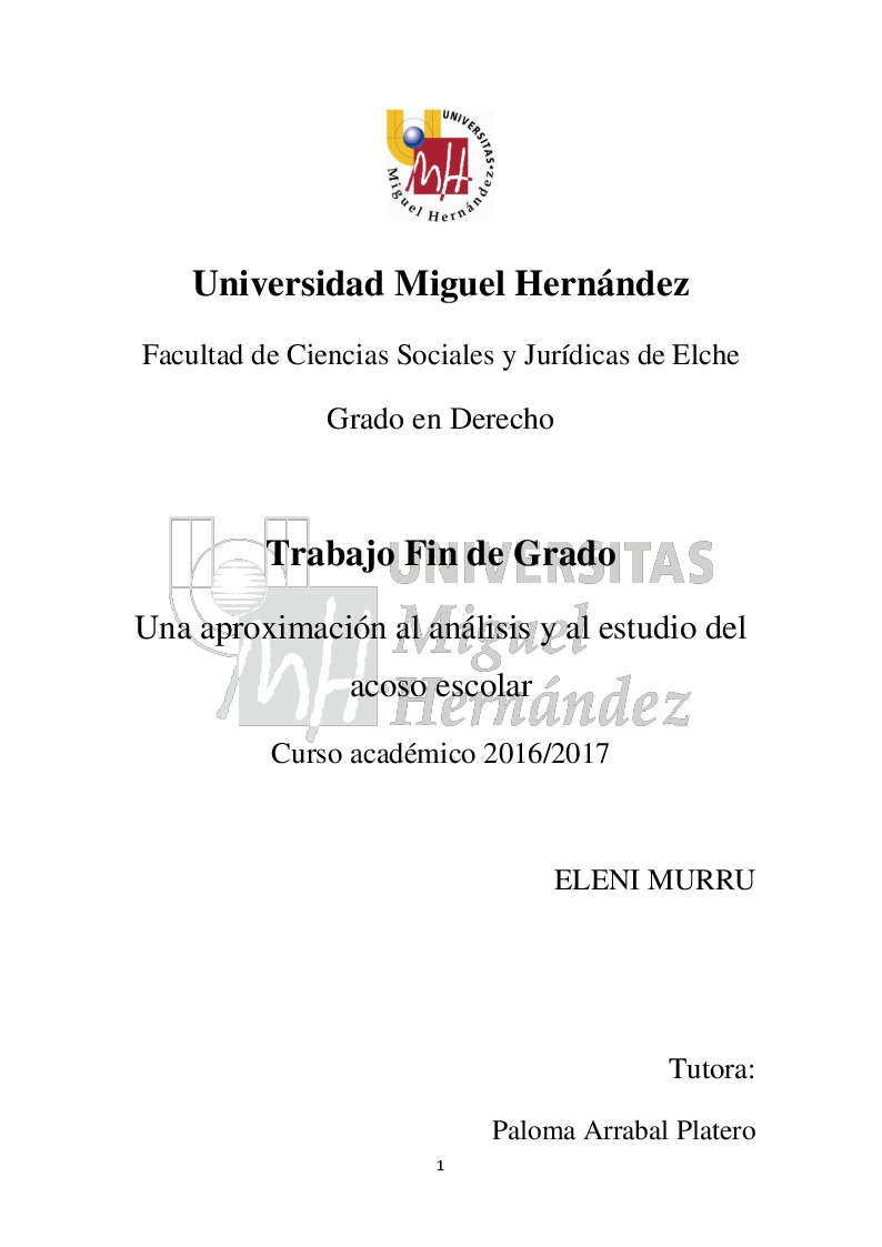 Anteprima della tesi: Una aproximación al análisis y al estudio del acoso escolar (Approccio all'analisi e allo studio del bullismo), Pagina 1