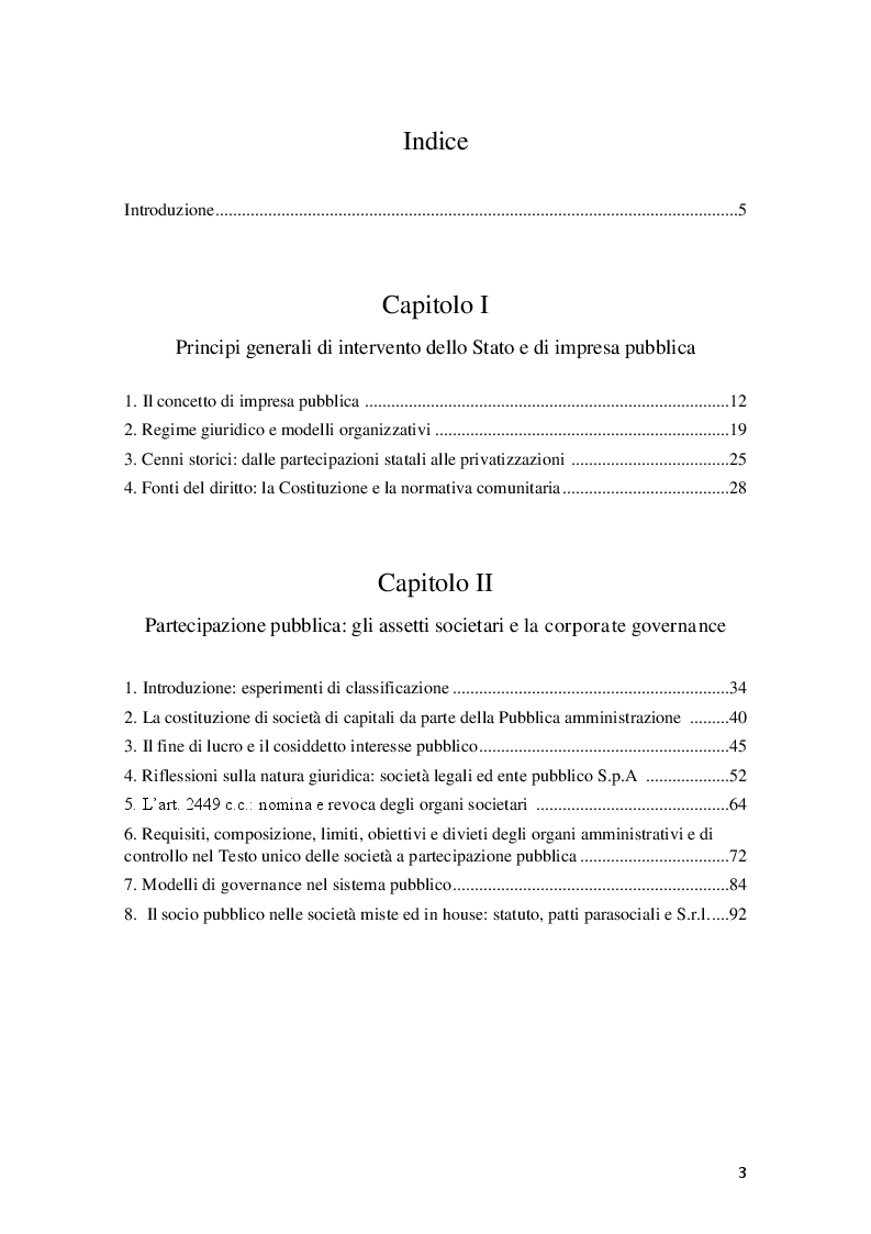 Indice della tesi: La governance delle società a controllo pubblico, Pagina 1