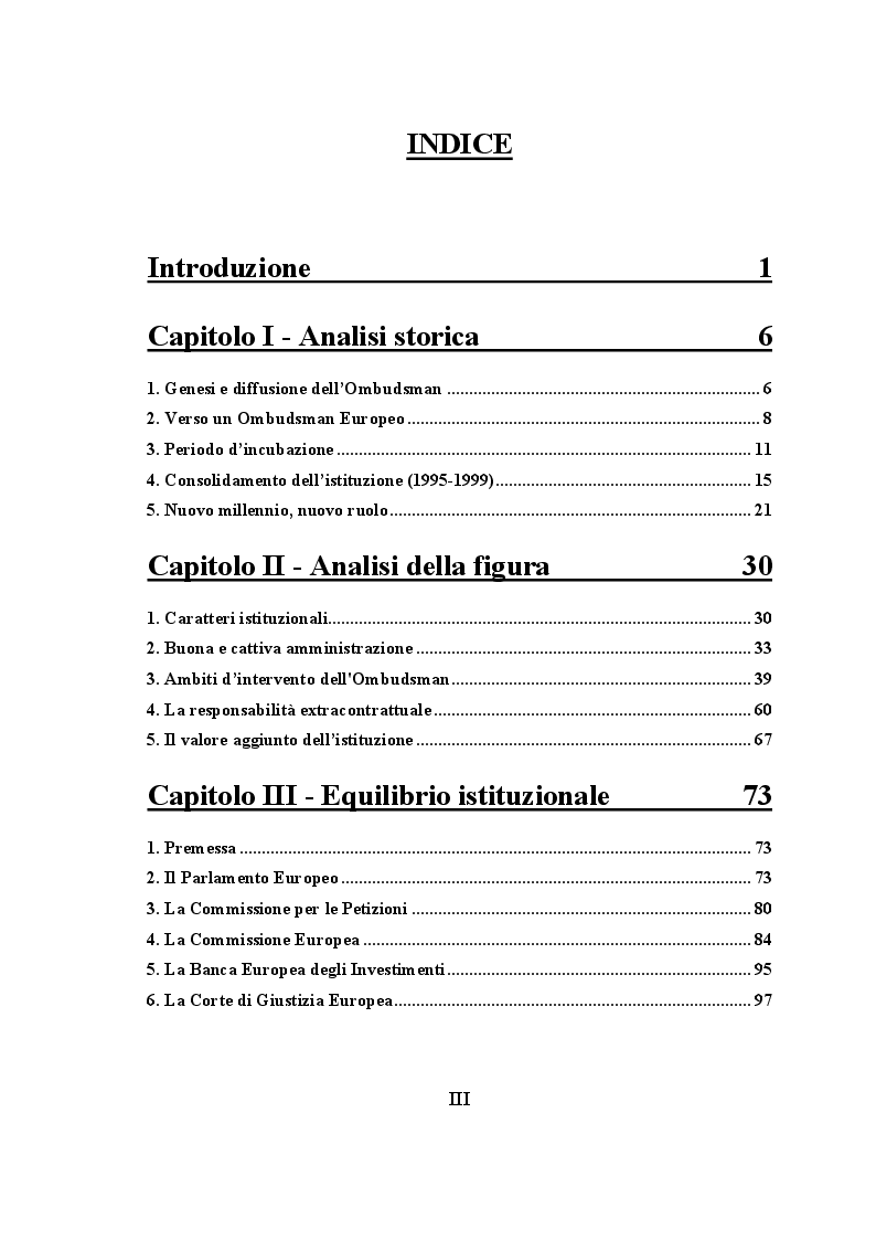 Indice della tesi: Il ruolo dell'European Ombudsman nell'Ordinamento dell'Unione Europea, Pagina 1