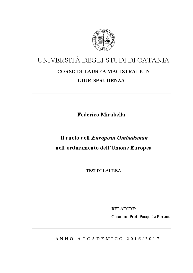 Anteprima della tesi: Il ruolo dell'European Ombudsman nell'Ordinamento dell'Unione Europea, Pagina 1
