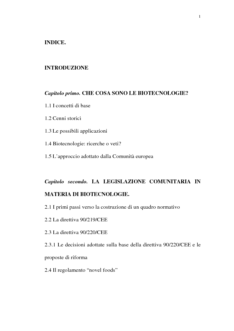 Indice della tesi: La protezione giuridica delle invenzioni biotecnologiche: la direttiva 98/44/CE, Pagina 1