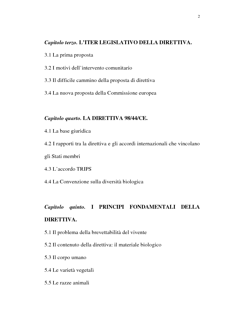 Indice della tesi: La protezione giuridica delle invenzioni biotecnologiche: la direttiva 98/44/CE, Pagina 2
