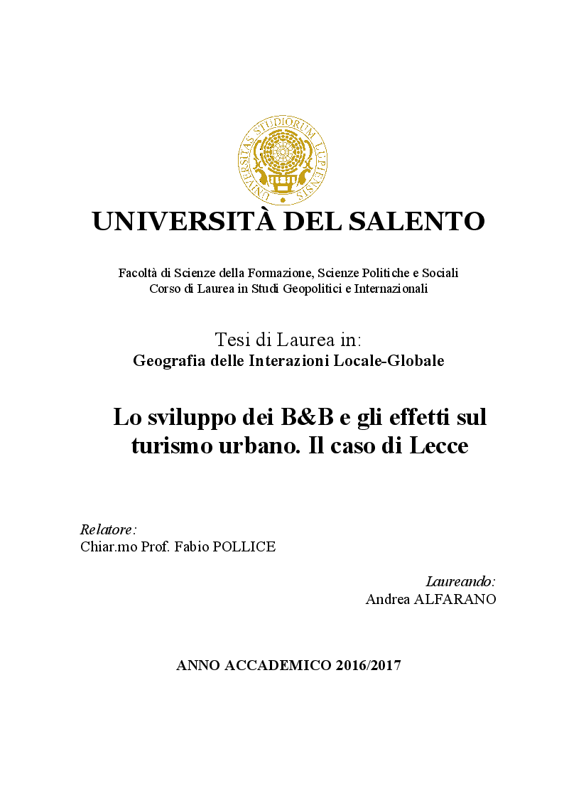 Anteprima della tesi: Lo sviluppo dei Bed and Breakfast e gli effetti sul turismo urbano. Il caso di Lecce, Pagina 1