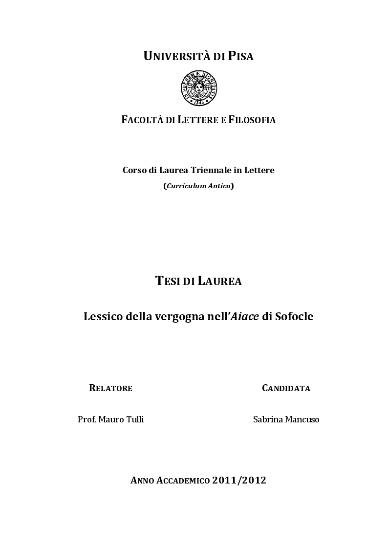 Anteprima della tesi: Lessico della vergogna nell' "Aiace" di Sofocle, Pagina 1