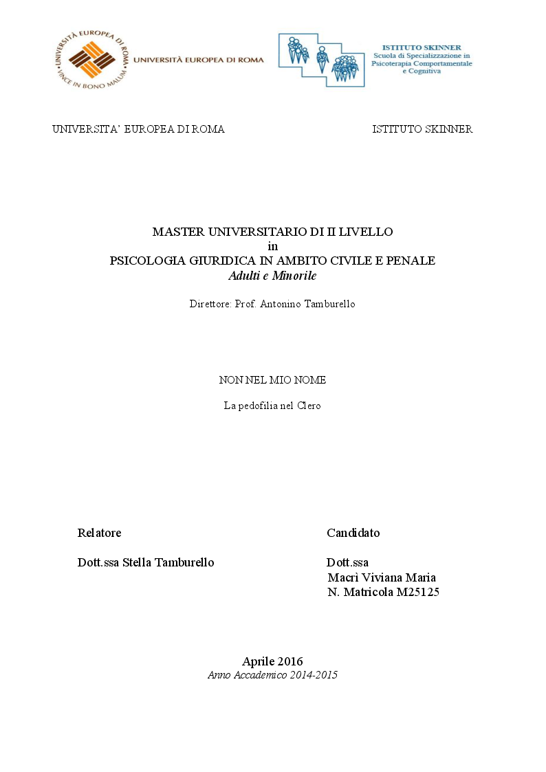 Anteprima della tesi: Non nel mio nome. La pedofilia nel clero., Pagina 1