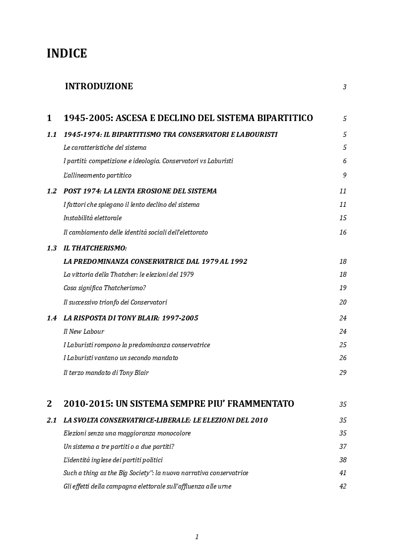 Indice della tesi: Elezioni e partiti in Gran Bretagna: l'evoluzione del sistema partitico alla luce delle elezioni del 2017, Pagina 1