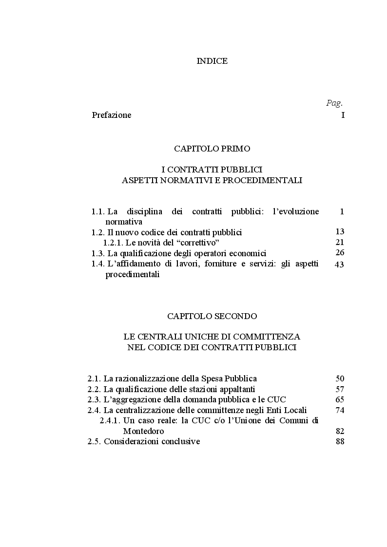 Indice della tesi: Il ruolo delle Centrali Uniche di Committenza nel Settore degli Appalti Pubblici, Pagina 1