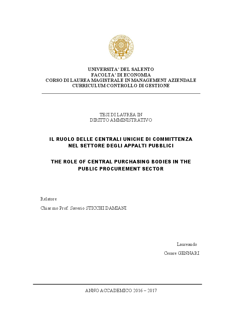 Anteprima della tesi: Il ruolo delle Centrali Uniche di Committenza nel Settore degli Appalti Pubblici, Pagina 1