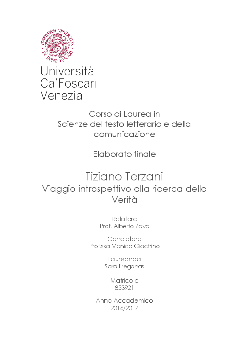 Anteprima della tesi: Tiziano Terzani. Viaggio introspettivo alla ricerca della Verità., Pagina 1