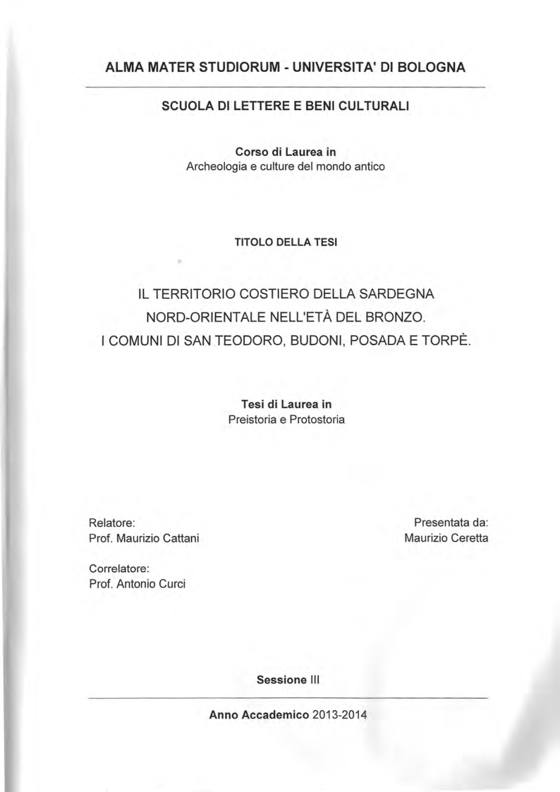 Anteprima della tesi: Il territorio costiero della Sardegna nord-orientale nell'Età del Bronzo. I comuni di San Teodoro, Budoni, Posada e Torpè., Pagina 1