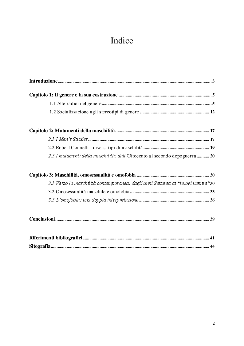 Indice della tesi: Le identità maschili: i processi di mutamento, Pagina 1