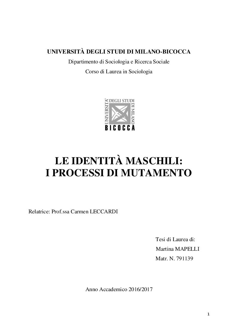 Anteprima della tesi: Le identità maschili: i processi di mutamento, Pagina 1