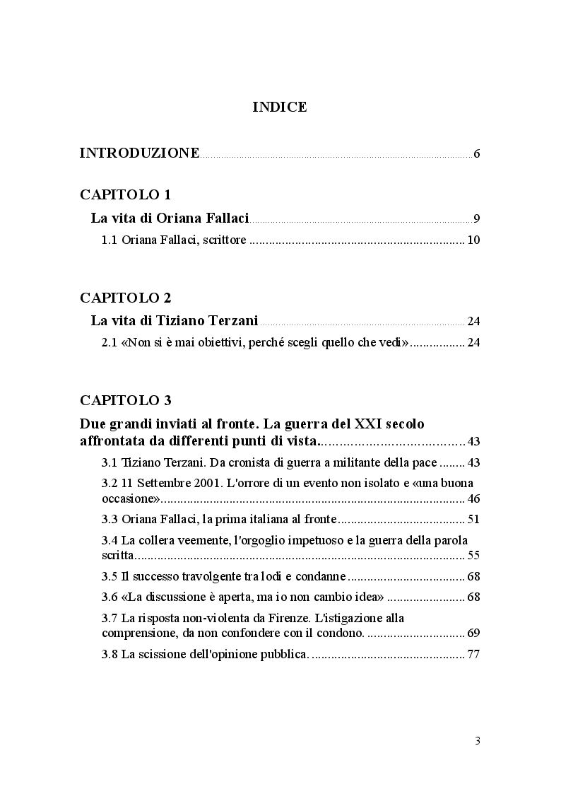 Indice della tesi: Oriana Fallaci e Tiziano Terzani: dissonanze e intrecci di due vite tra giornalismo e letteratura , Pagina 1