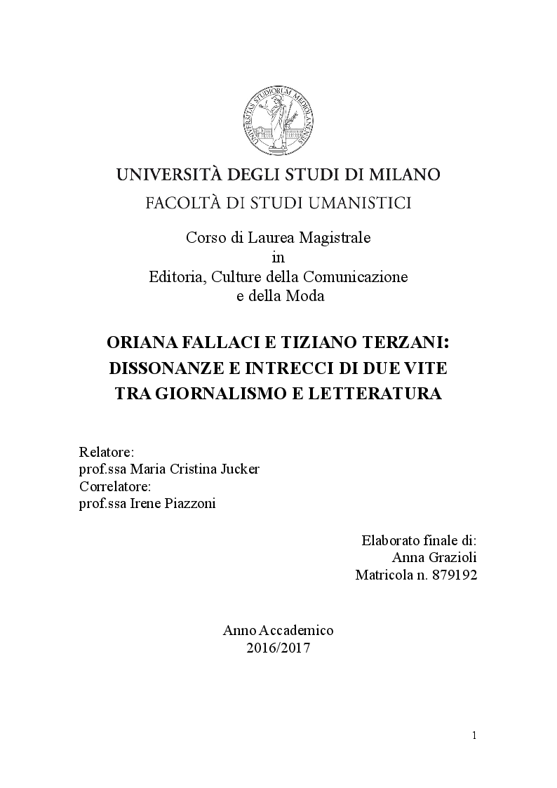 Anteprima della tesi: Oriana Fallaci e Tiziano Terzani: dissonanze e intrecci di due vite tra giornalismo e letteratura , Pagina 1