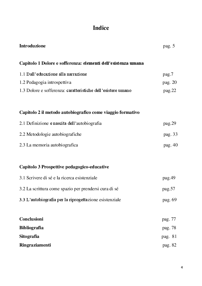 Indice della tesi: Il metodo autobiografico come strumento per la ri-progettazione esistenziale, Pagina 1