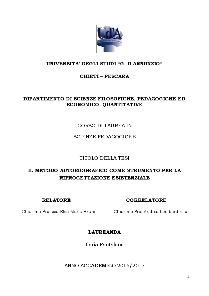Anteprima della tesi: Il metodo autobiografico come strumento per la ri-progettazione esistenziale, Pagina 1