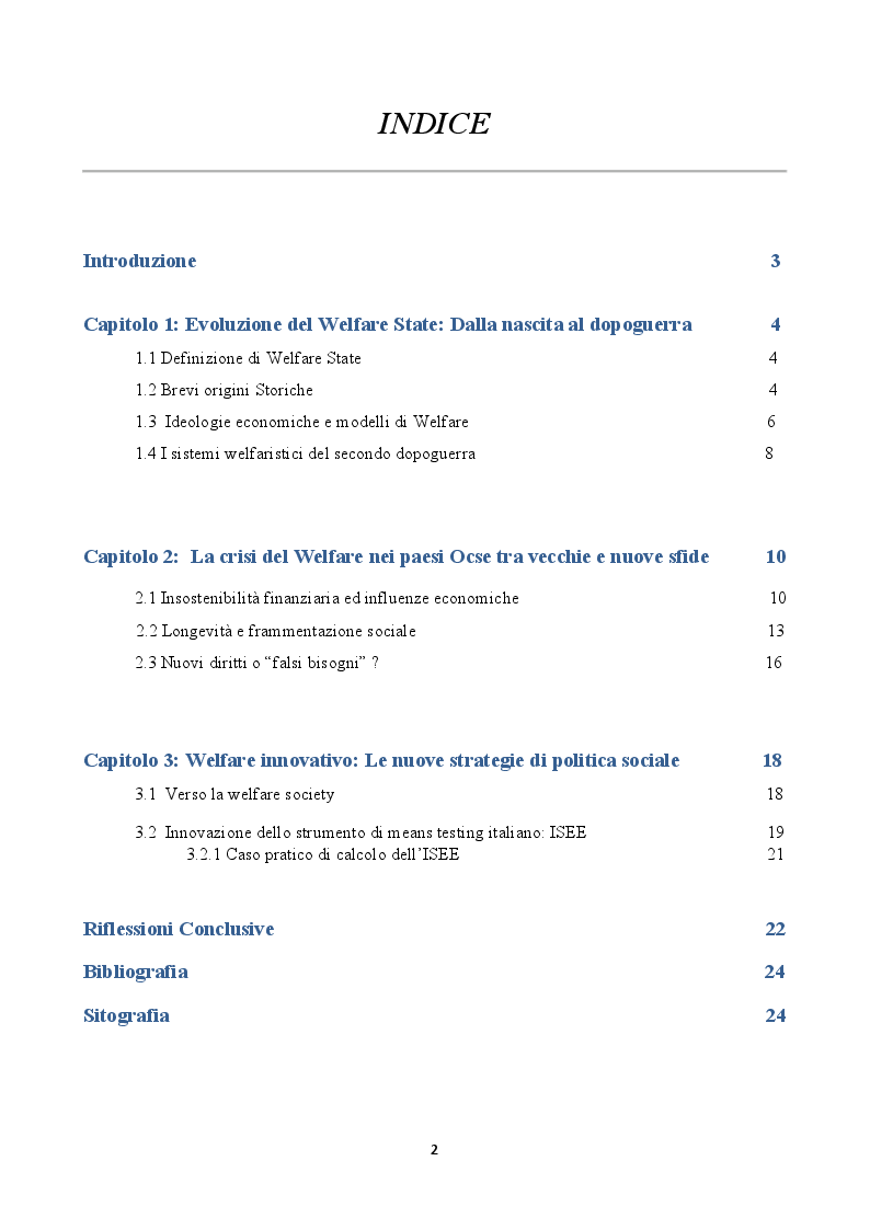 Indice della tesi: Welfare State: Correlazioni con la crisi economico-finanziaria e nuove strategie di politica sociale, Pagina 1