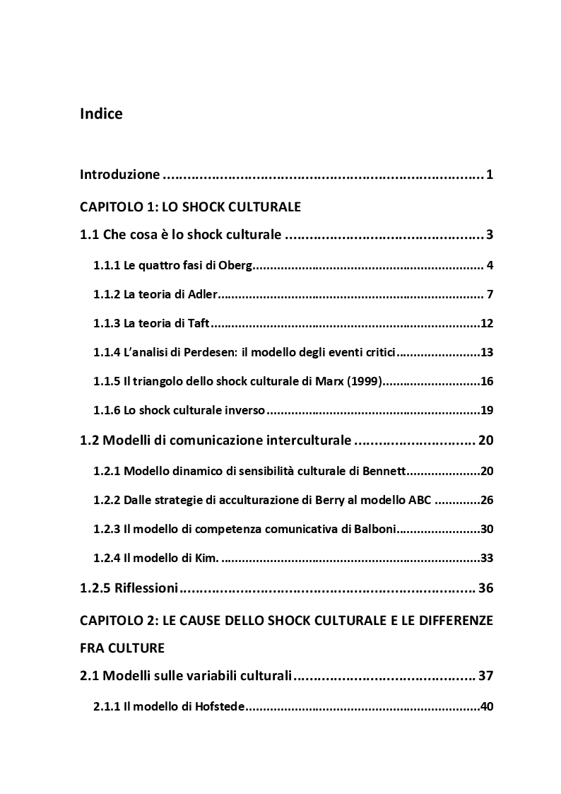 Indice della tesi: Lo shock culturale. Integrarsi in nuove culture. Uno sguardo sul contesto cinese., Pagina 1