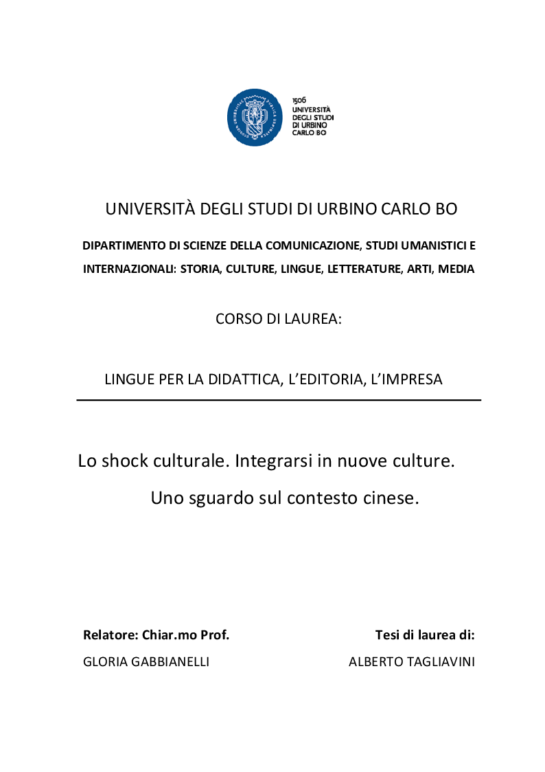 Anteprima della tesi: Lo shock culturale. Integrarsi in nuove culture. Uno sguardo sul contesto cinese., Pagina 1