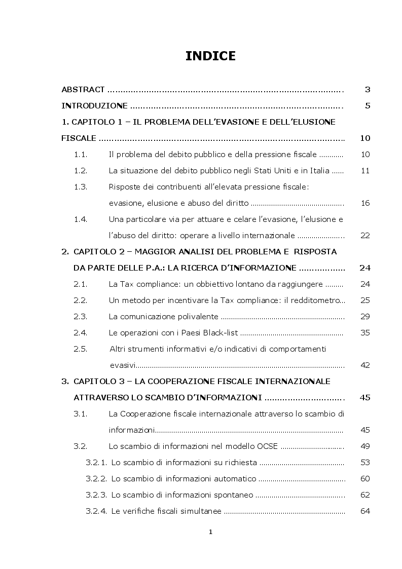 Indice della tesi: La lotta contro l'evasione e l'elusione fiscale internazionale tramite i FATCA, Pagina 1