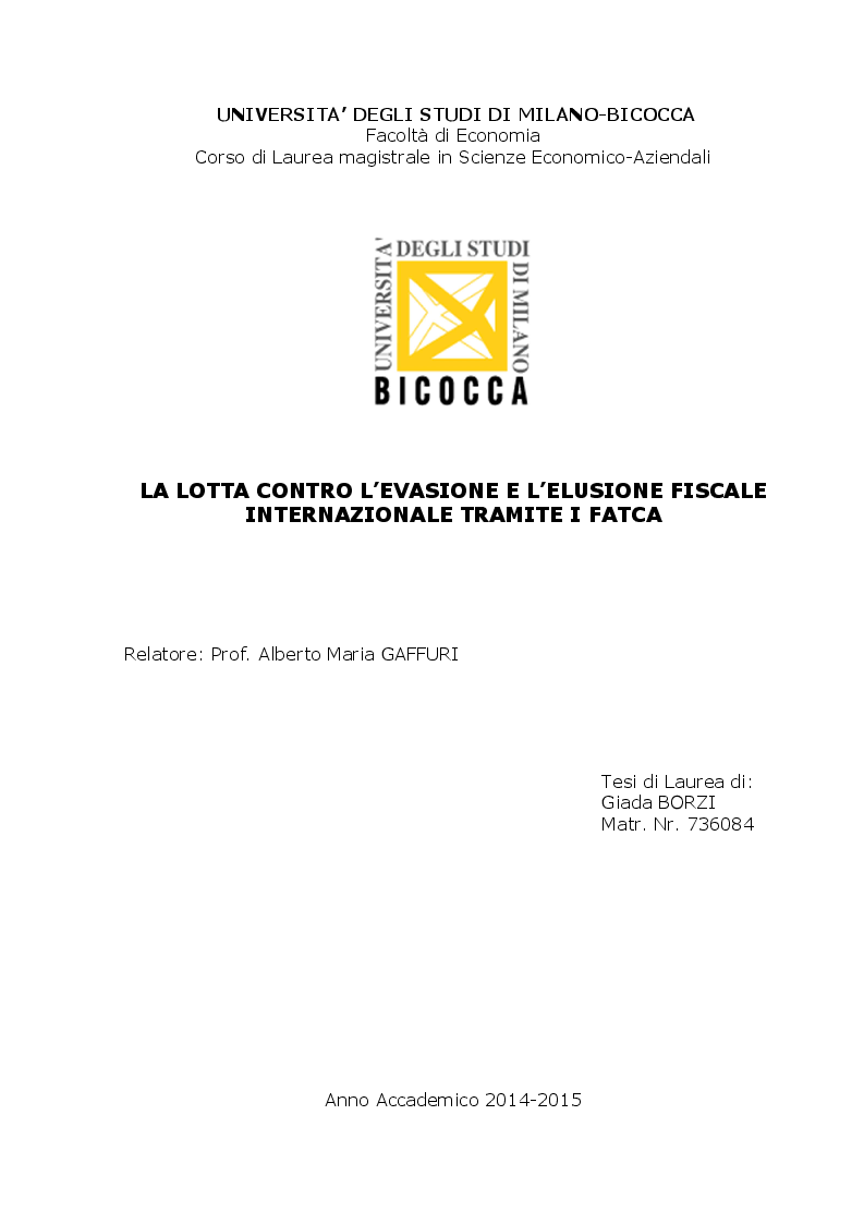Anteprima della tesi: La lotta contro l'evasione e l'elusione fiscale internazionale tramite i FATCA, Pagina 1