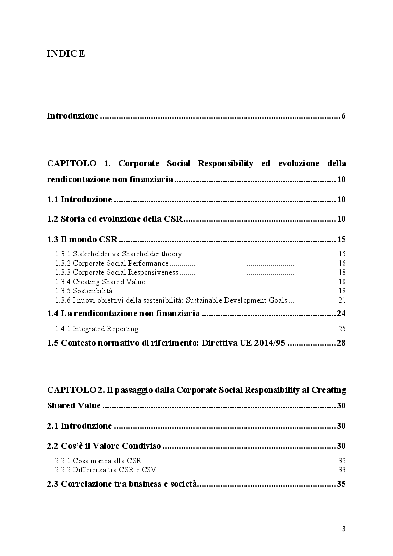 Indice della tesi: L'evoluzione della Responsabilità Sociale verso il Valore Condiviso: il caso Telecom, Pagina 1