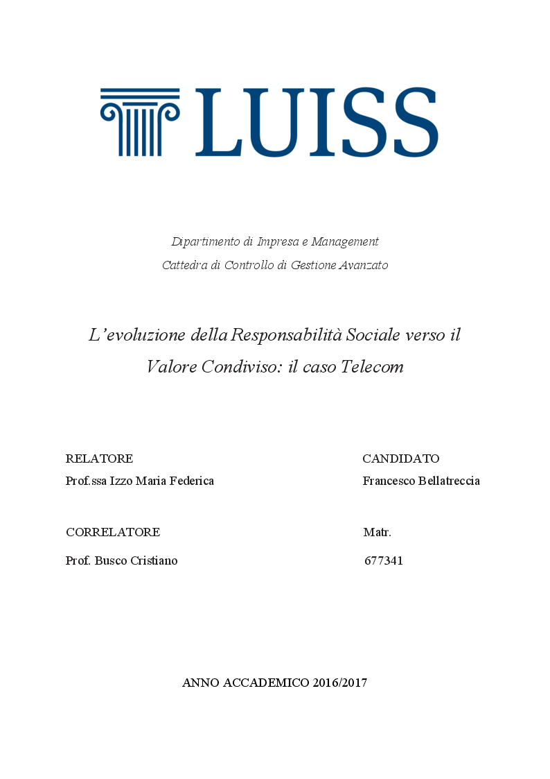 Anteprima della tesi: L'evoluzione della Responsabilità Sociale verso il Valore Condiviso: il caso Telecom, Pagina 1