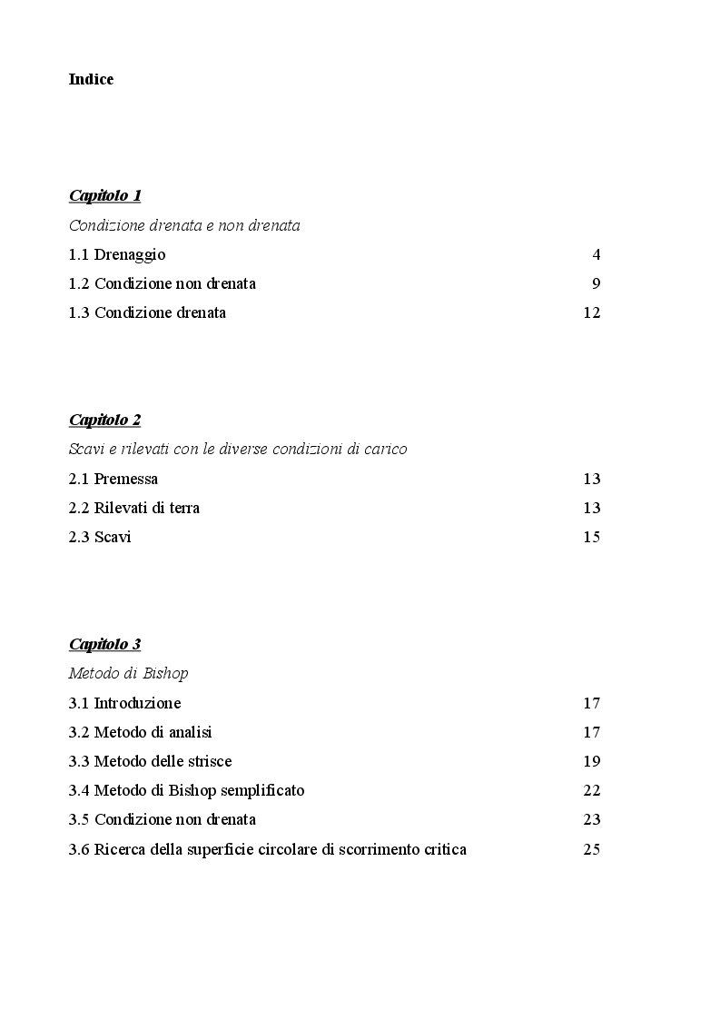 Indice della tesi: Influenza delle condizioni di drenaggio sulla stabilita di scavi e rilevati artificiali, Pagina 1
