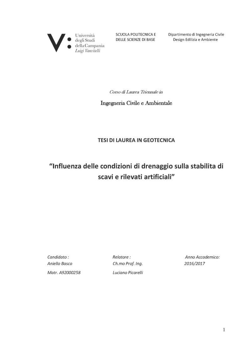Anteprima della tesi: Influenza delle condizioni di drenaggio sulla stabilita di scavi e rilevati artificiali, Pagina 1