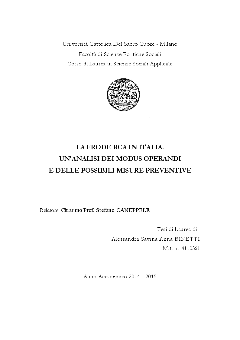 Anteprima della tesi: La frode Rca in Italia. Un'analisi dei modus operandi e delle possibili misure preventive, Pagina 1