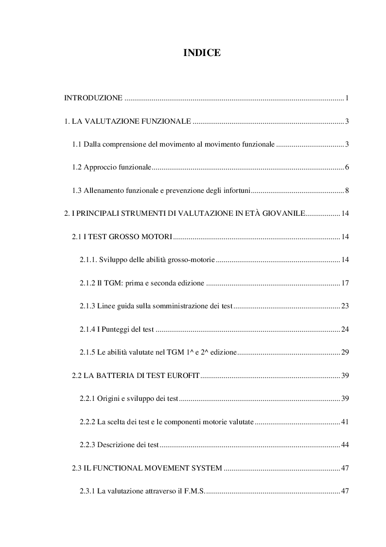 Indice della tesi: La Valutazione Funzionale in Età Giovanile, Pagina 1
