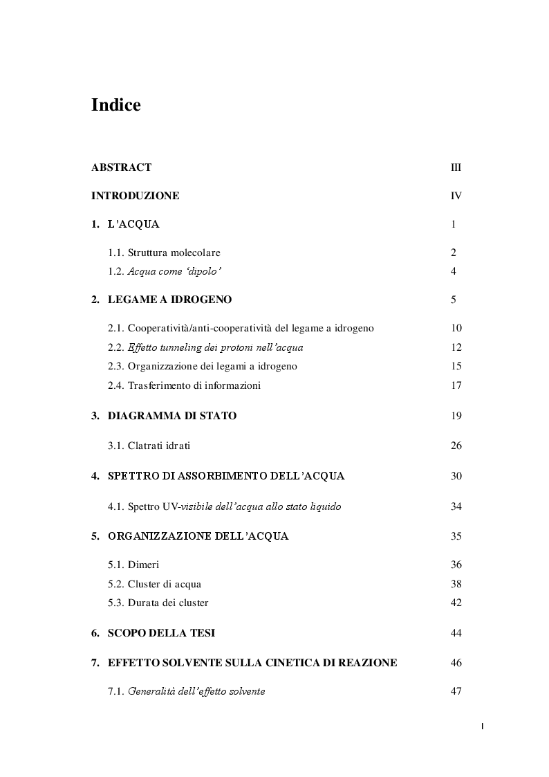 Indice della tesi: Effetto di radiazioni elettromagnetiche su alcune proprietà dell'acqua, Pagina 1