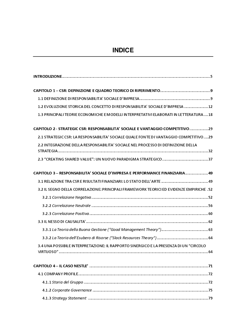 Indice della tesi: Corporate Social Responsibility: Implicazioni Strategiche ed Impatto sulle Performance Aziendali, Pagina 1