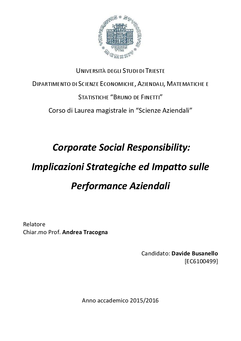Anteprima della tesi: Corporate Social Responsibility: Implicazioni Strategiche ed Impatto sulle Performance Aziendali, Pagina 1